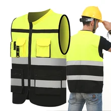 Светоотражающий жилет, желтый, черный жилет безопасности для дорожного строительства, спасательный жилет из полиэфирного волокна, куртка безопасности, оборудование для улицы