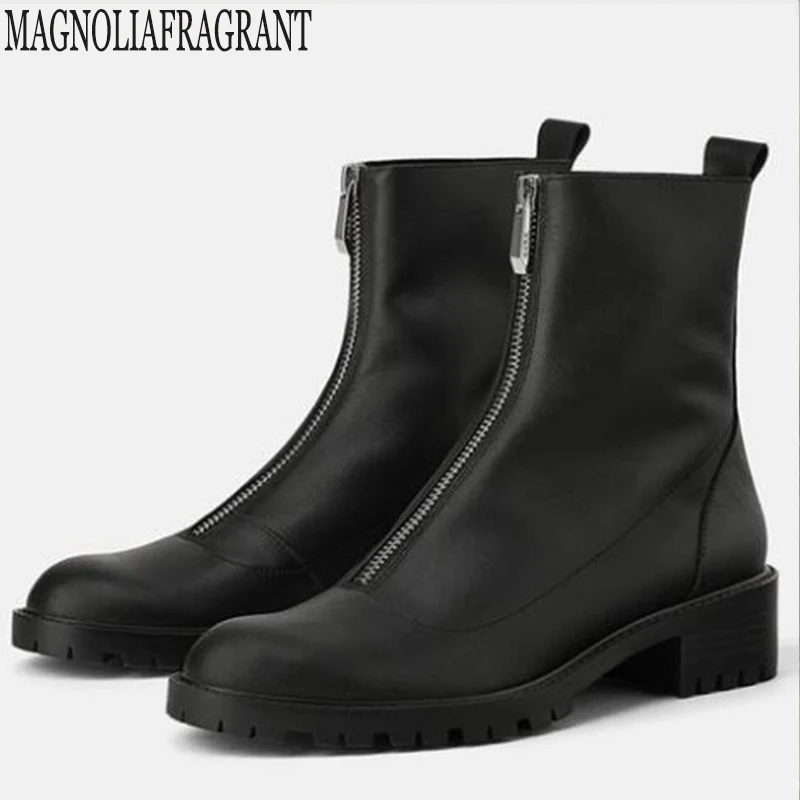 Tanie Moda miękkie skórzane botki dla kobiet 2019 nowy jesień zima z przodu na zamek błyskawiczny grube szpilki pojedyncze botki Botas Mujer y270