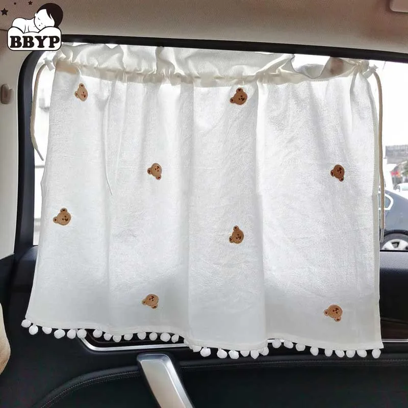 Car Sun Shade Curtain Suction Cup Cartoon Bear Tartan Fringe Auto Interior Window Sunshade Protector UV Protection Sun Visor