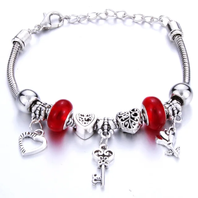 Antique Original Crown key lock Shape 6 colors Charm Bracelets For Women Glass Beads Brand Bracelet & Bangle DIY Jewelry Gifts 0005RD