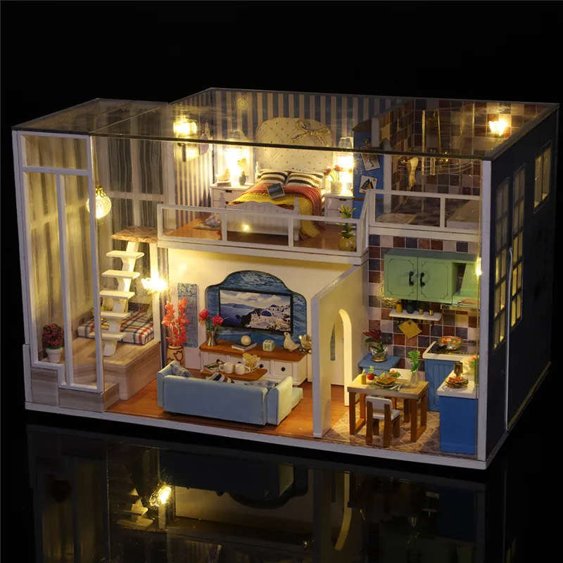 Diy cabin wooden toy 3D Wooden DIY Miniature House Furniture LED House Puzzle Decorate Creative Christmas gifts#4O21