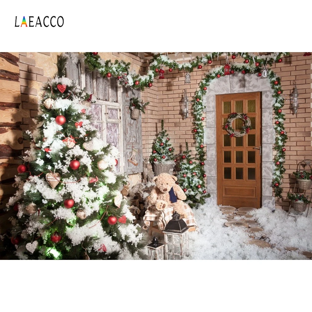 

Laeacco Christmas Tree Fir Garland Snow Porch Scenery Photography Backgrounds Custom Photographic Backdrops For Photo Studio