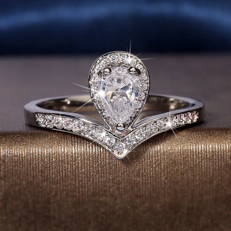 

Shiny V-shaped Wedding Ring for Women with Drop Shape Zircon Stone Micro Rings Engagement Party Birthday Gifts