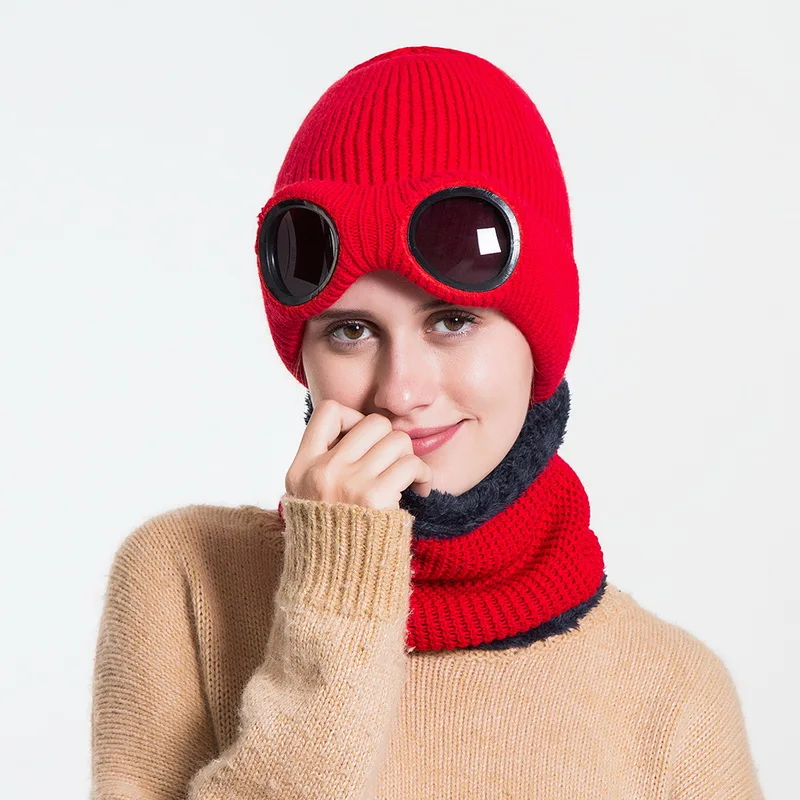 Зимние теплые вязаные шапки унисекс для взрослых, ветрозащитные Лыжные шапки со съемными очками, утолщенные спортивные многофункциональные шапки - Цвет: red2