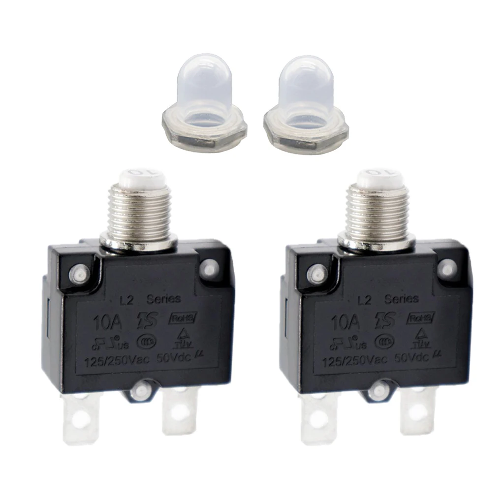 2 Pieces 10A Manual Reset Thermal Circuit Breaker Overload Protector Switch + Clear Caps 2 Pieces 10A Manual Reset Thermal Circuit Breaker Overload Protector Switch + Clear Caps