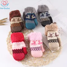 Herbabe/Детские Зимние перчатки для мальчиков и девочек; принт с рождественским оленем; плюшевые теплые детские варежки; вязаные перчатки для детей; для малышей