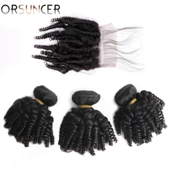 ORSUNCER Bouncy Curly Human Hair Bundles with Closure Peruvian Afro Funmi Human Hair Non-Remy Funmi Hair Extensions Medium Ratio