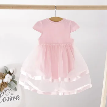

2020 Summer Baby Girl Solid Color Jumpsuit Mesh Dress Cute Princess Short Sleeve Bow-knot Rompers For 0-24 Month Baby