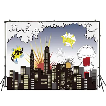 

HUAYI night city building architecture and cartoon pattern photo backdrop children birthday party photography background W-511
