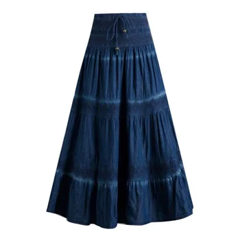 

2020 Autumn High Waist Denim Pleated Skirts Womens Vintage Ankle-Length Muslim Long Jeans Skirts Dark Blue Skirt Female