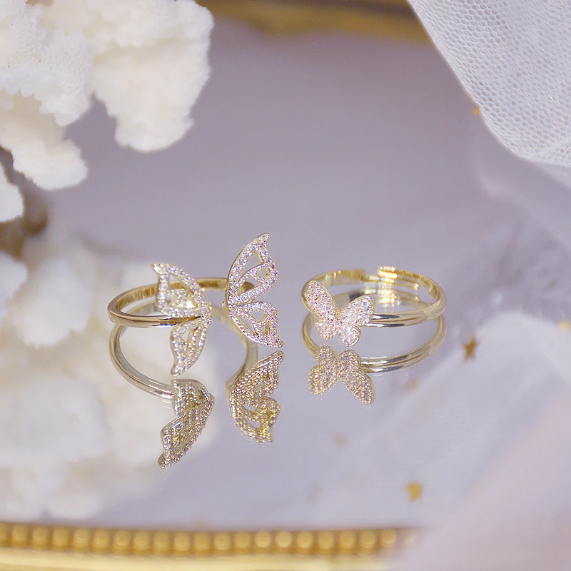 Wedding rings gold rings gold plated rings enamel butterfly ring Korean 14K Plated Gold Hollow Butterfly CZ Ring for Women Adjustable Open Design Pave Zircon Butterfly Ring