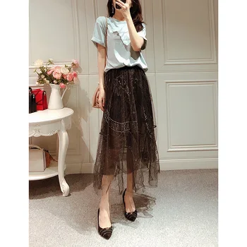 

2020 Spring Summer Skirts Women Long Tulle Skirt Sequined Pleated A Line Midi Skirt High Waist Skirt 5 layers gold thread