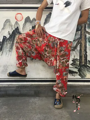 style 11 Винтажные шаровары мужские хлопок лен хип хоп печатных мешковатые широкие брюки свободные мужские осенние летние длинные брюки - Цвет: style 11
