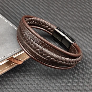 Woven Multi-layer Coffee-colored Leather Bracelet