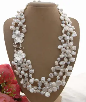 

Beautiful! 3Strands White Keshi Pearl A1gate Necklace