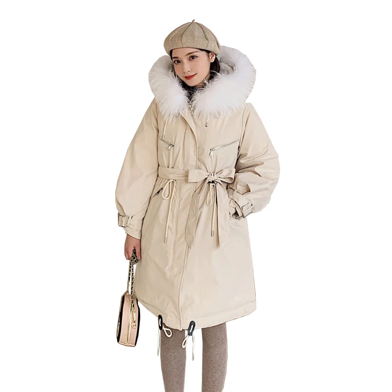 

2019 New Winter Mid-long Slim Lamb Women Hooded parka Big Fur collar belt zipper Thick warm fashion Cotton clothing Female C128