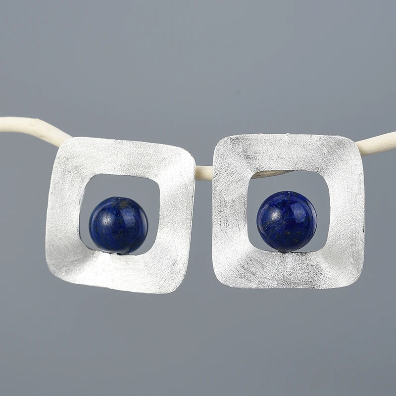 Lotus Fun Natural Stone Minimalist Style Uneven Square Stud Earrings Real 925 Sterling Silver 18K Gold Handmade Fine Jewelry