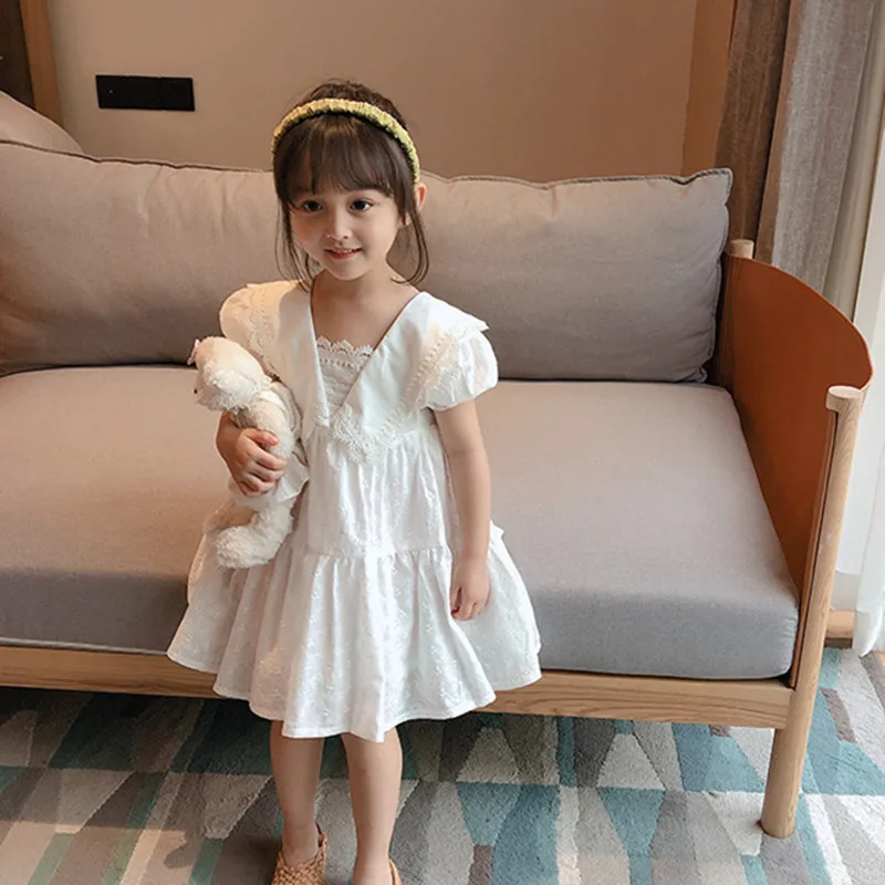 Summer Dresses Girls Fashion White Dress Kids Lace Floral Dresses Cotton Dress Children Clothing Lace Floral