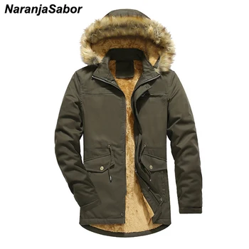 

NaranjaSabor 2020 Winter Men's Fleece Parker Coat Mens Thick Fur Collar Hooded Cotton Outwear Male Casual Brand Clothing N580