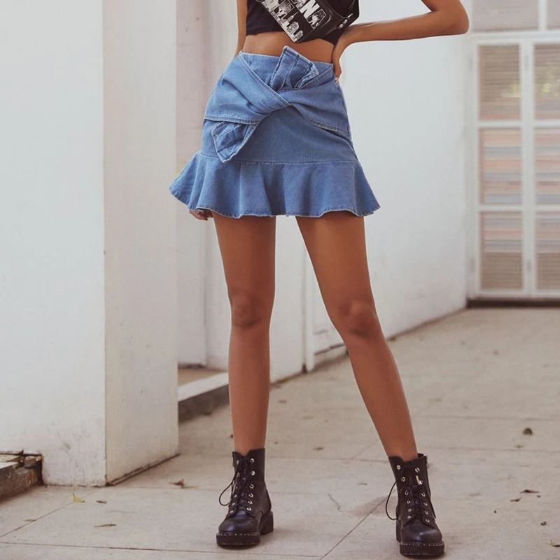 

Layered Ruffles Mini Denim Skirt Bow Tie 2020 Summer New High Waist Bandage Bodycon Short Jeans Skirts Knot Women Saia Mujer
