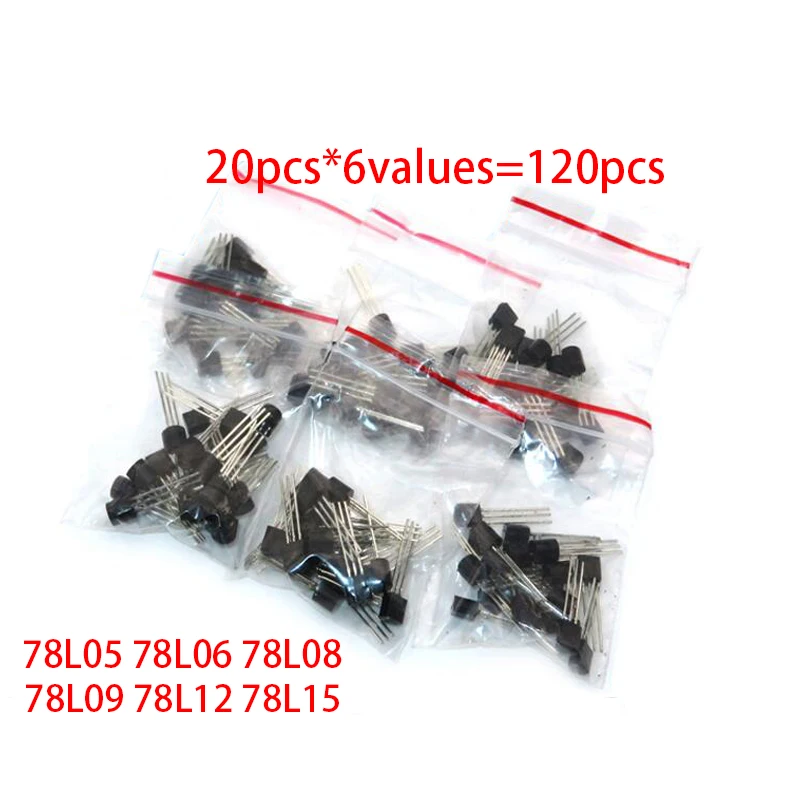 20pcs*6values=120pcs 78L05 78L06 78L08 78L09 78L12 78L15 TO92 to 92 Transistor Kit 78L assorted series voltage regulator package |
