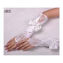 JIERUIZE кружева атласные свадебные перчатки цвета слоновой кости без пальцев перчатки бисером блестками невесты перчатки с бантом