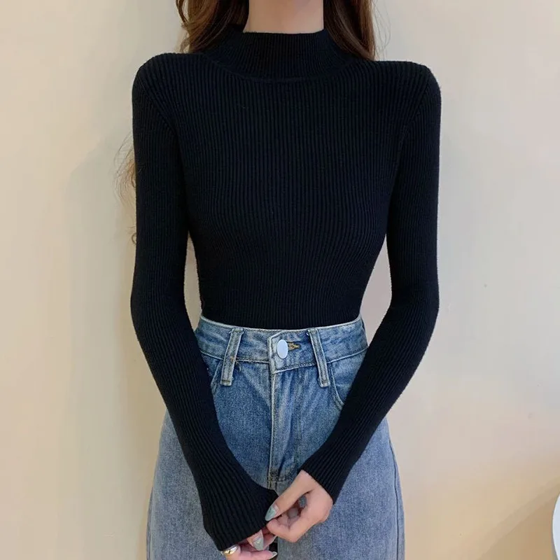 

Autumn Winter Half High Collar Sweater Pullover Women's Solid Color Long Sleeve Bottoming Sweaters