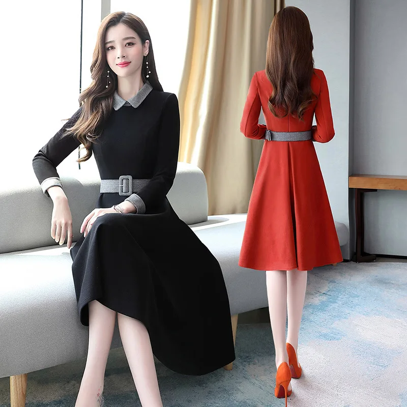 

Elegant Dress Women's 2019 Autumn Clothing New Style Korean-style Peter Pan Collar Debutante Goddess-Style Waist Hugging Slimmin