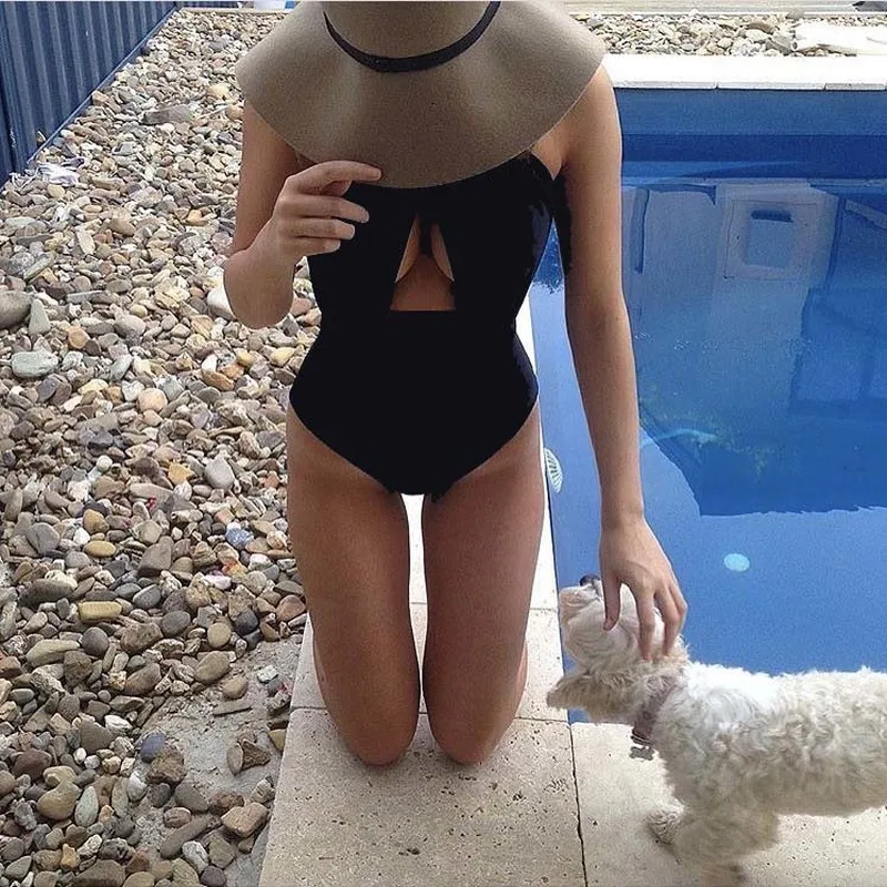 

Black Monokini Bodysuit Cut Out One Piece Bathing Suit Swimwear Women Halter Swimsuit High Cut Swimming Suit Maillot De Bain