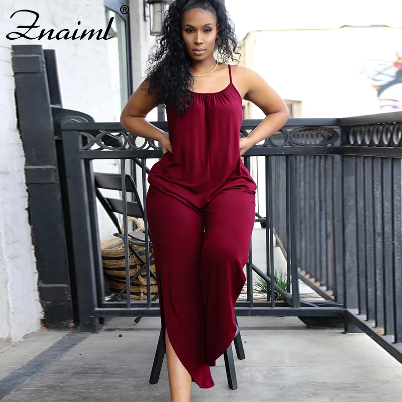 

Znaiml Split ends Wide Leg Jumpsuit Women 2020 Summer High Waist Sleeveless Spaghetti sling Solid Cropped Boho Jumpsuits overall