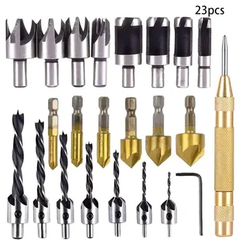 

New 23Pcs/set Woodworking Chamfer Drilling Tools 1/4" Hex 90 Degree Countersink Drill Bits L-wrench Wood Plug Cutter