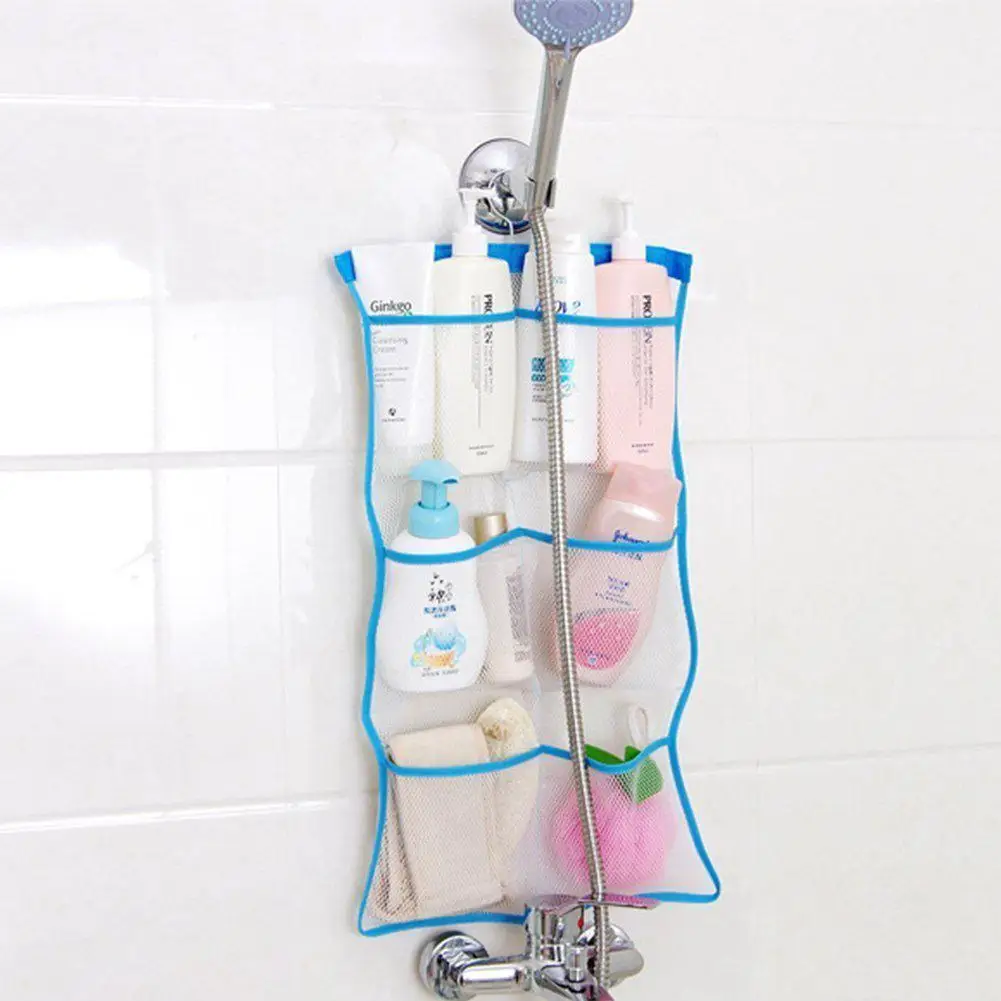 

Blue Mesh Bath Shower Organizer 6 Storage Pockets Hanging CaddySpace Saving Toy Organizer Bathroom Accessories