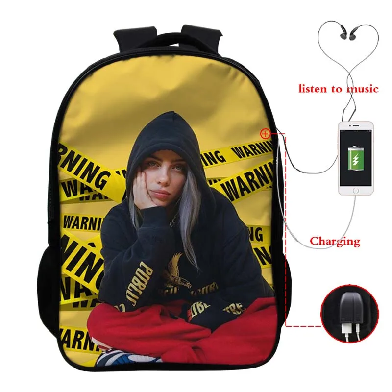 Высокое качество Billie Eilish USB зарядка рюкзак для мужчин и женщин мальчиков и девочек подростков рюкзак usb зарядка школьный рюкзак модная сумка