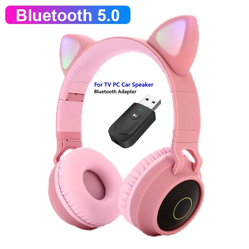 Cute Cat LED Bluetooth 5 0 Headphone With TV PC Car Laptop Bluetooth Adapter Wireless Noise Cancel Music Helmet For Kid Girl