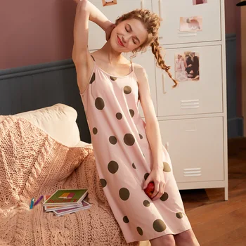 

Hot Summer New Style Women Spaghetti Strap Cotton Polka Dots Knee-length Suspender Nightdress For Girl Loose Comfortable Cool