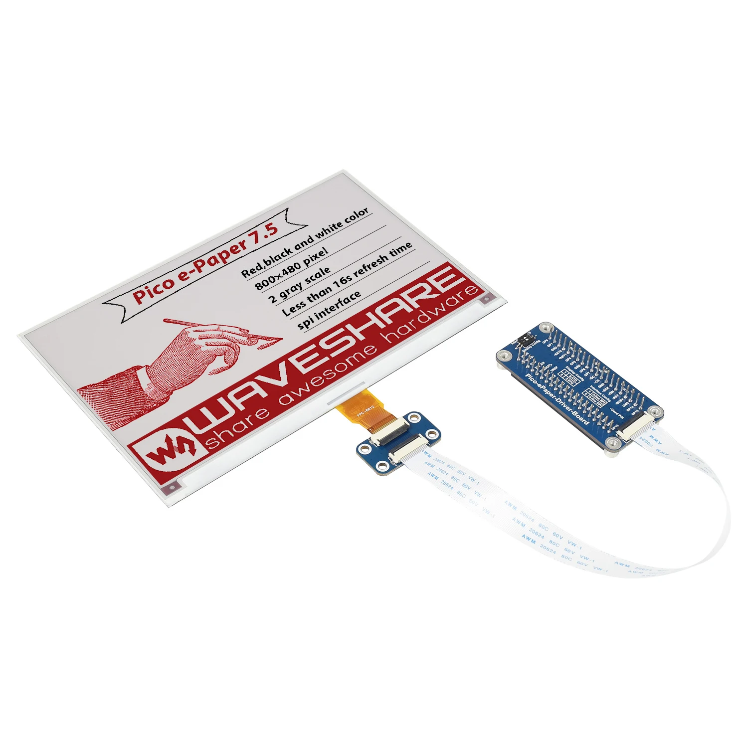 

7.5inch 800X480 3-Color E-ink Display Screen Extension HAT Starter Kit for RPI RP2040 Raspberry Pi PICO W H WH Expansion Board