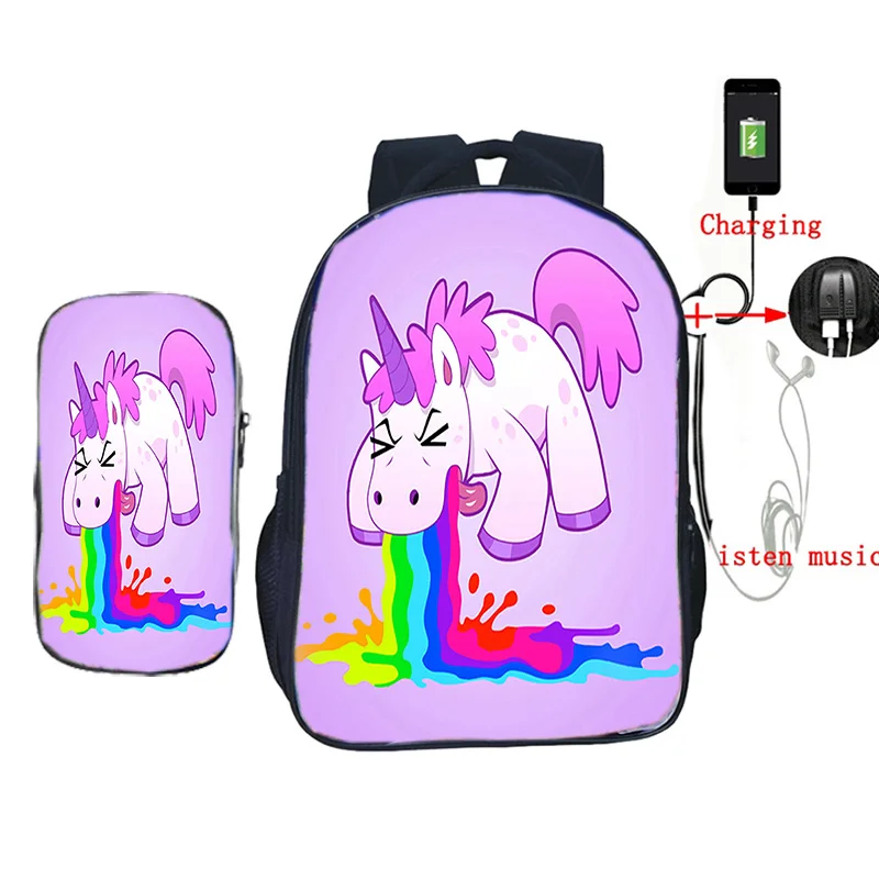2 шт./компл. Kawaii Единорог школьная сумка USB зарядка мочилы для подростков мальчиков девочек ежедневный рюкзак дорожные сумки - Цвет: 10