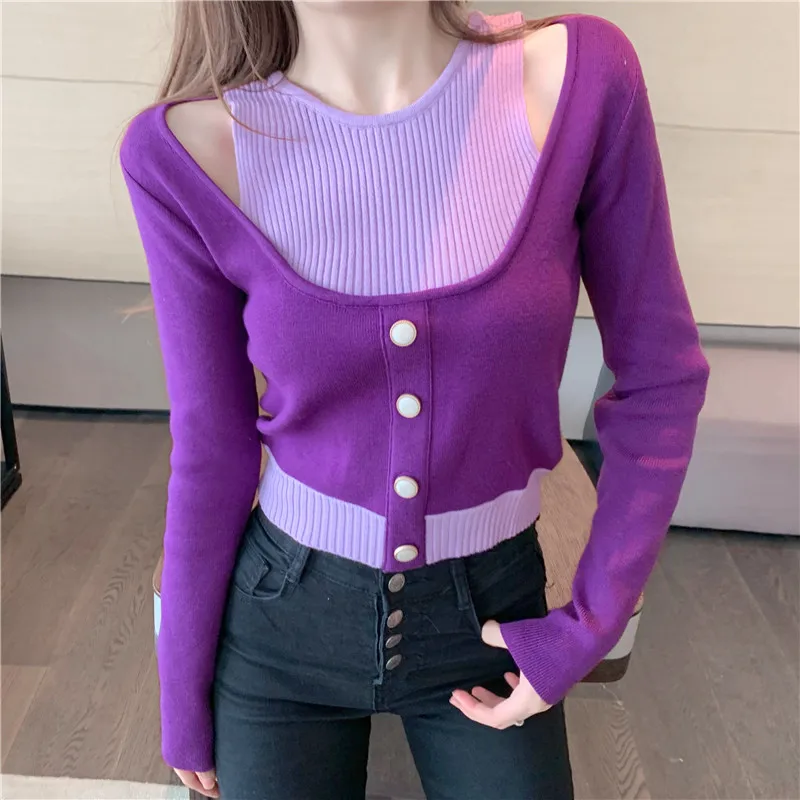 

Patched Buttons Pullovers Sweaters Women knitted Off Shoulder Soft Slim Pullover Sweater Female Full Sleeve Crop Tops Clothing