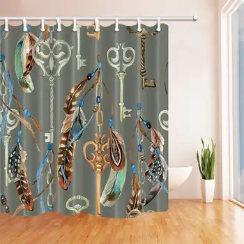 

Boho Decor Vintage Key with Feathers and Ribbons Bath Curtain Polyester Fabric Waterproof Shower Curtains 69X70 in Shower