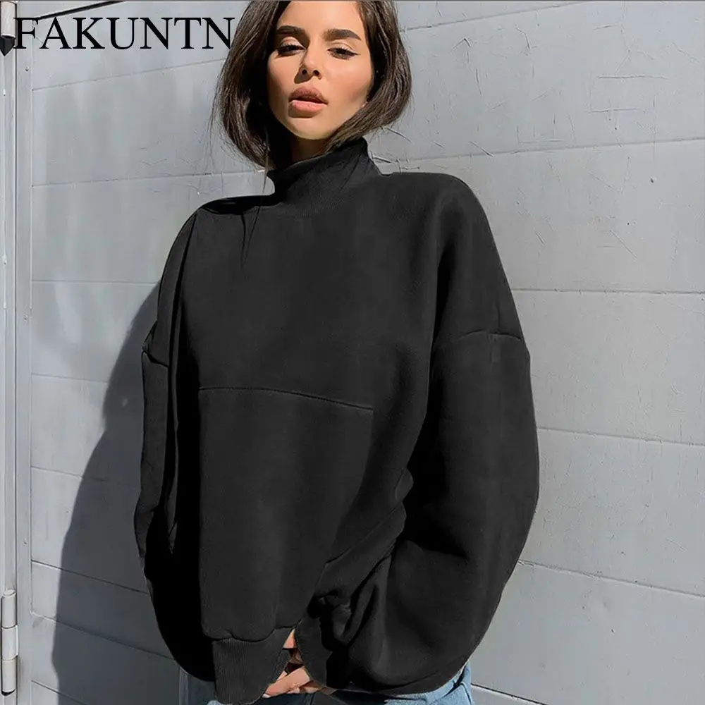 

Women Fashion Sweaters 2020 Autumn New Solid High Collar Long Sleeve Pullovers Elegant Casual Loose Warm Sweaters Tops Women