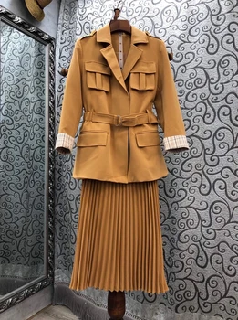 

2020 Early Autumn New Women's Lapel Symmetrical Pocket Buckle Waist Hugging Long-Sleeved Upper Garment Pleated Skirt Set 731