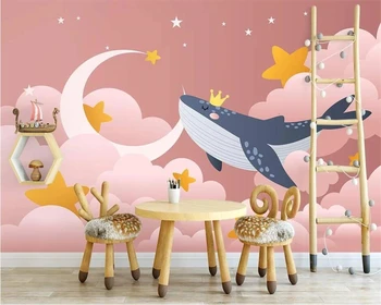 

beibehang Custom modern nordic hand-painted pink starry sky whale pink kids room background papel de parede wallpaper