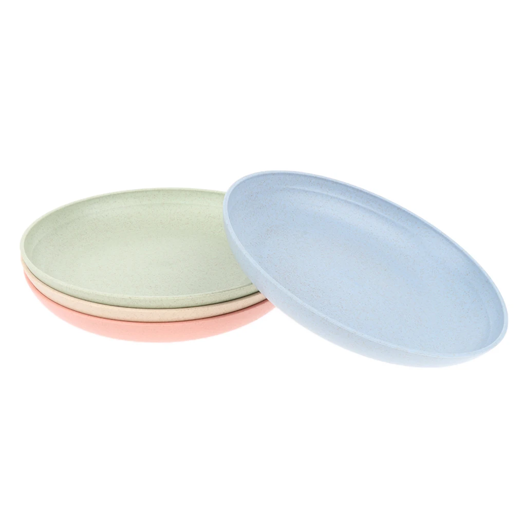 4 Pcs Wheat Straw Healthy Dinner Plates Serving Dishes Round Shape 20cm Dia. Outdoor Camping Home Dinner Lunch Dining Tool