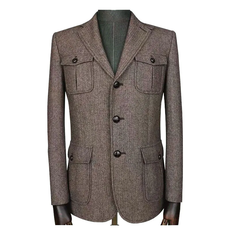Винтажное шерстяное охотничье пальто для мужчин с несколькими карманами, американский Рабочий костюм, твидовая куртка в елочку, весенний и осенний тренд, мужской костюм, блейзер