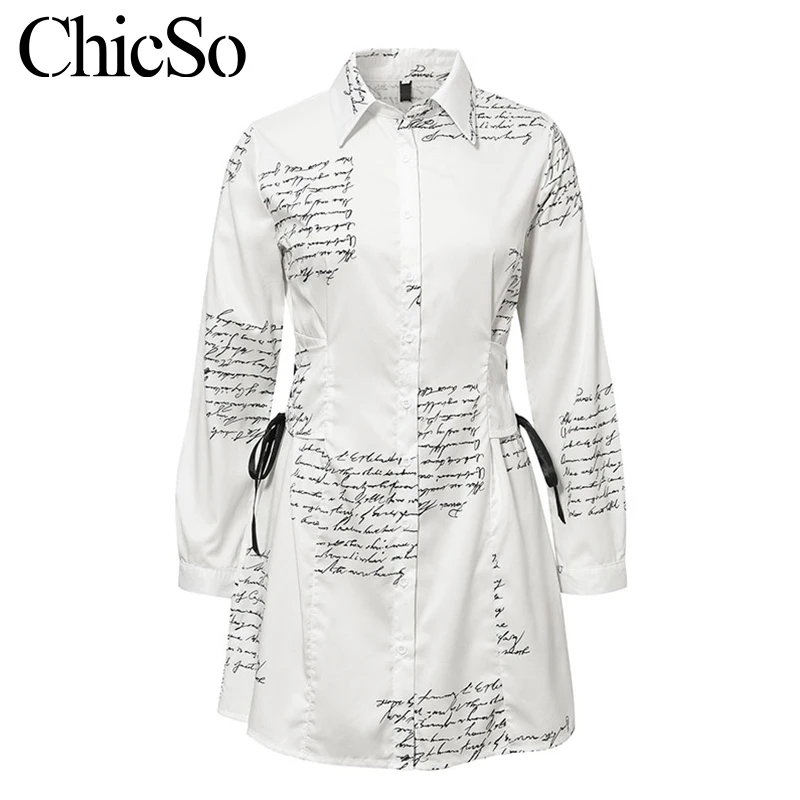 MissyChilli с буквенным принтом, белое платье-рубашка на шнуровке, женское сексуальное элегантное бодиконкороткое платье, Осень-зима, модное офисное женское платье