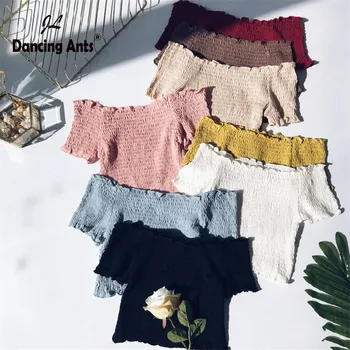 

Woman T-Shirts Short Sleeve Slash Neck Sexy Crop Top For Party Trend 2020 Solid and Striped Elastic Slim Pullover Short T-Shirt