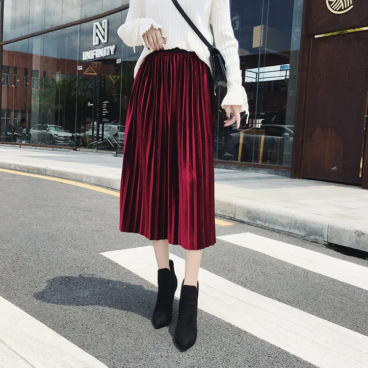 Весенне-зимняя модная женская однотонная плиссированная юбка с высокой талией Женская бархатная элегантная юбка миди разноцветная одежда
