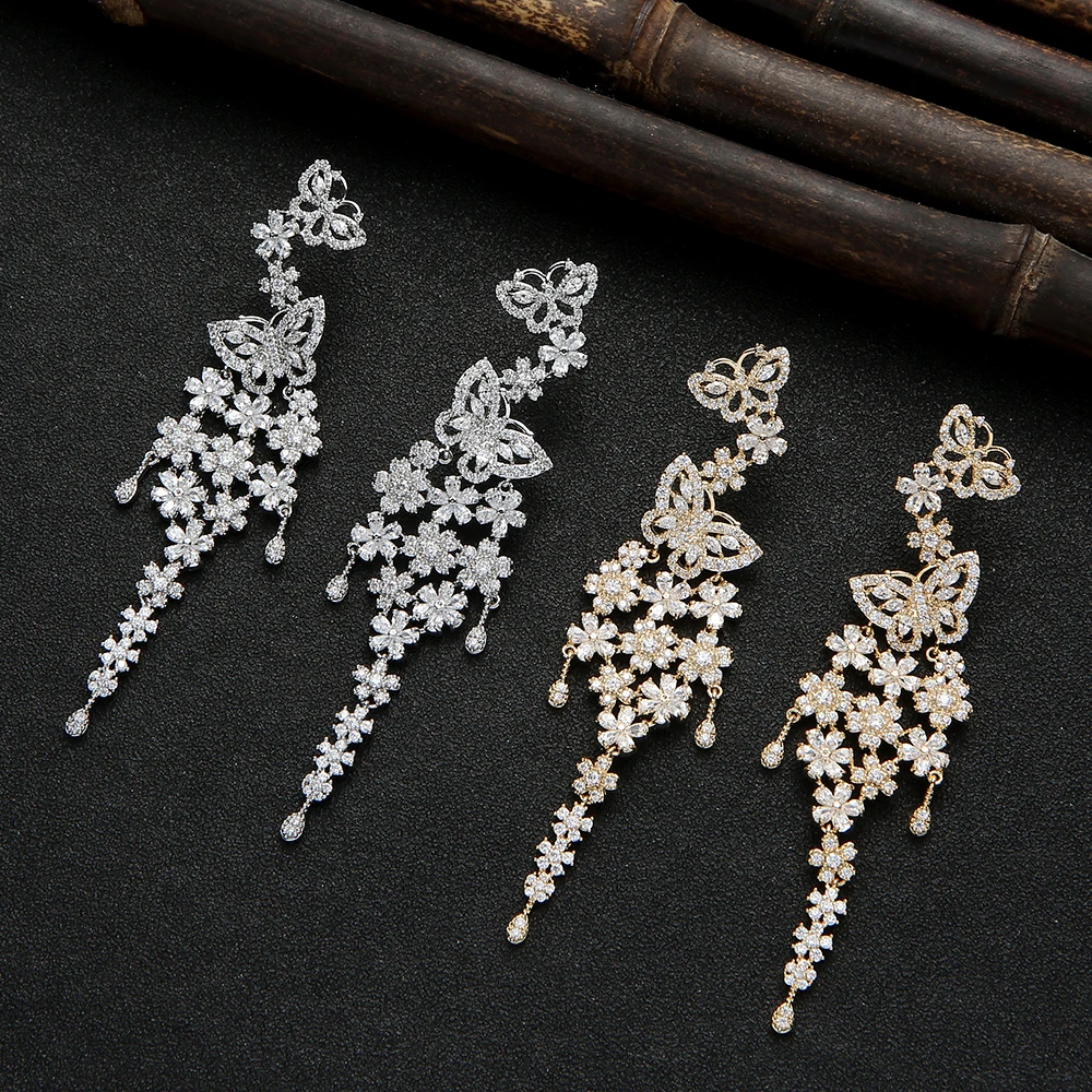 

Luxury Long Butterfly Drop Earrings For Women Wedding Cubic Zirconia Dubai Bridal Tassels Earring Jewelry Accessories E9552