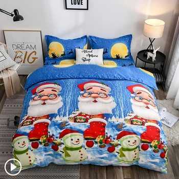 

JUSTCHIC 4pcs/set Duvet Cover Bed Sheet Pillow Covers Christmas Santa Claus Gives Gift Quilt Cover Bedding Set Boy Girl Gift