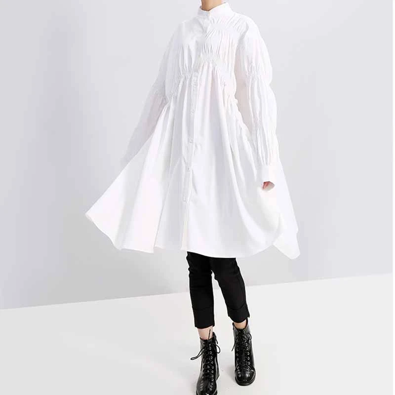 

[YaLee] New Fashion 2019 Summer Autumn Stand Collar Long Sleeve Single Breasted Pleated Irregular Loose Dress Women N031